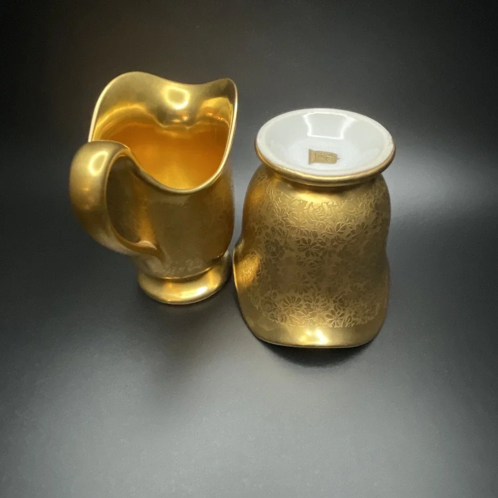 Vintage Pickard Daisy Rose‎ Creamer Open Sugar Bowl Set All Over Gold Encrusted